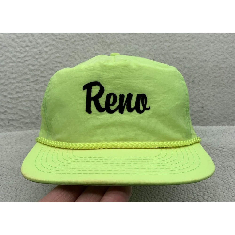 VTG Reno Blockhead Hat Mens Zipper Back Neon Yellow Nylon Rope Trucker Retro 90s